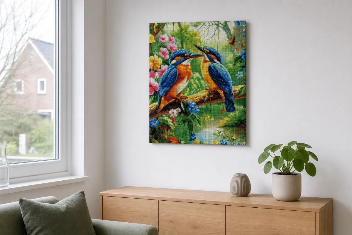 Sfeerimpressie van het voltooide ijsvogelontwerp aan een lichte muur