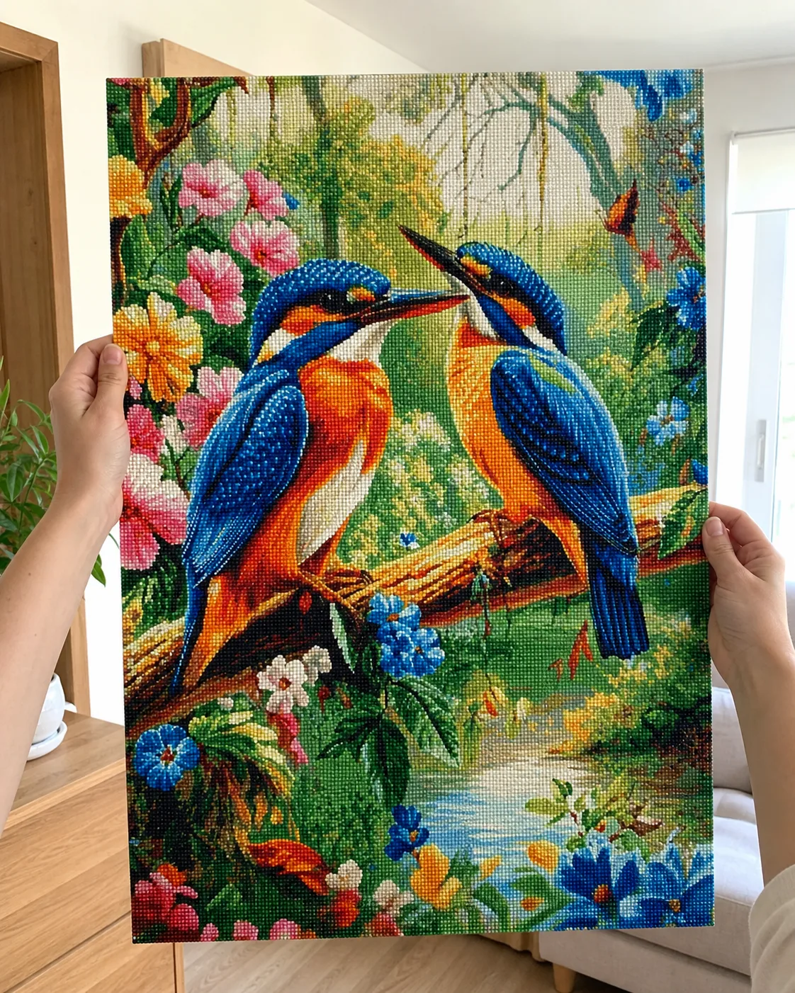 Voorbeeldweergave van een voltooid ijsvogelcanvas dat wordt vastgehouden