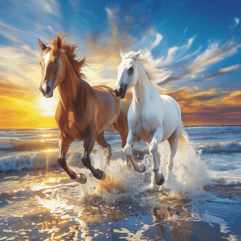 Diamond Painting 2 Paarden op het strand voorbeeldafbeelding van het volledige ontwerp