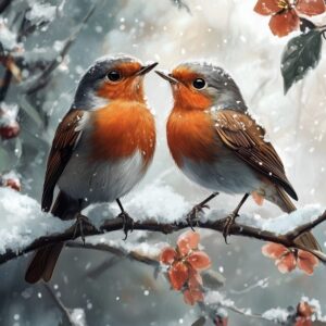 Diamond Painting 2 Roodborstjes in de winter voorbeeldafbeelding van het volledige ontwerp