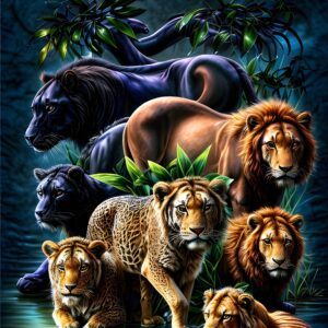 Diamond Painting 5 Katachtigen voorbeeldafbeelding van het volledige ontwerp