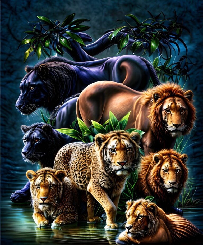 Diamond Painting 5 Katachtigen voorbeeldafbeelding van het volledige ontwerp