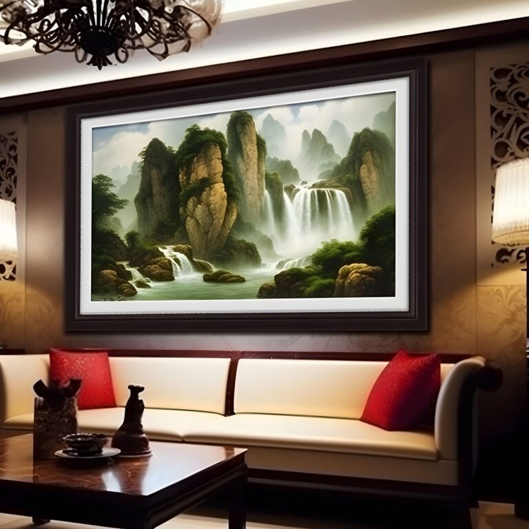Diamond Painting Bergen Waterval Bomen Groot Formaat voorbeeldafbeelding van het volledige ontwerp