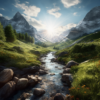 Diamond Painting - Bergdal met rivier voorbeeldafbeelding van het volledige ontwerp