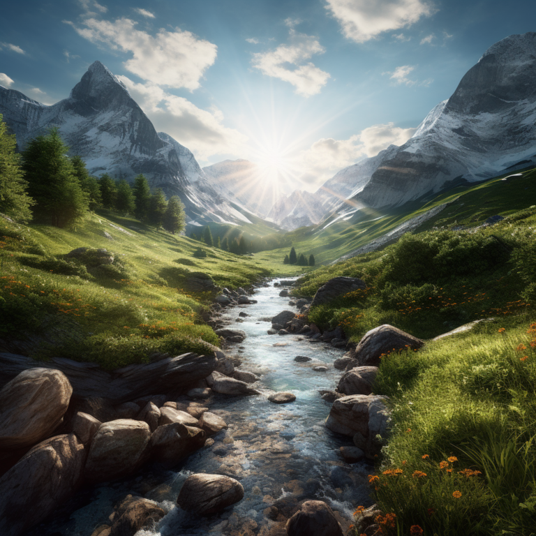 Diamond Painting - Bergdal met rivier voorbeeldafbeelding van het volledige ontwerp