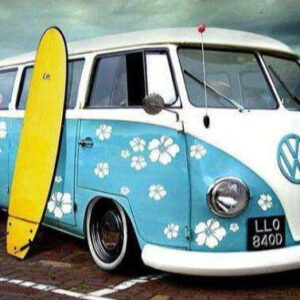 Diamond Painting Blauwe Busje Met Geel Surfboard voorbeeldafbeelding van het volledige ontwerp