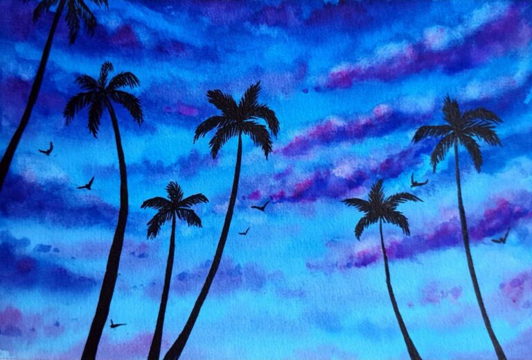 Diamond Painting Blauwe Lucht Achter Palmbomen voorbeeldafbeelding van het volledige ontwerp