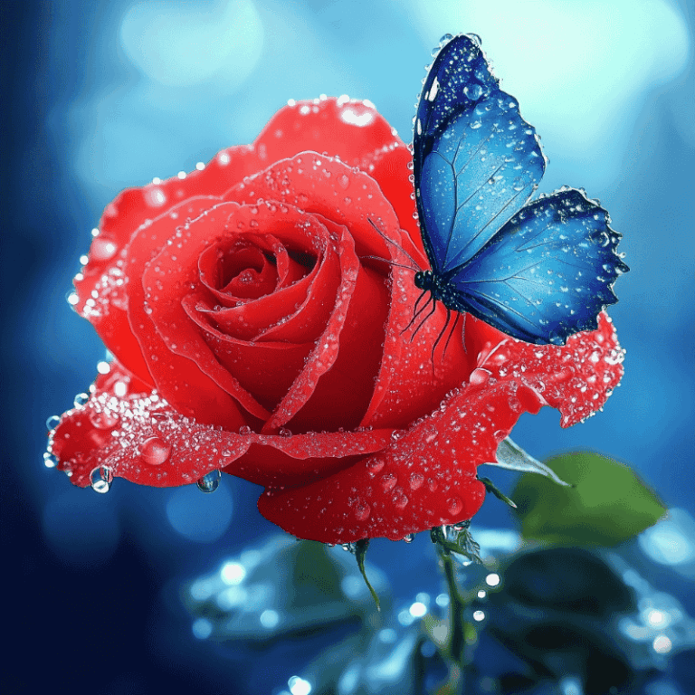 Diamond Painting Blauwe vlinder op roos voorbeeldafbeelding van het volledige ontwerp