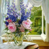 Diamond Painting - Bloemen in vaas op vensterbank voorbeeldafbeelding van het volledige ontwerp