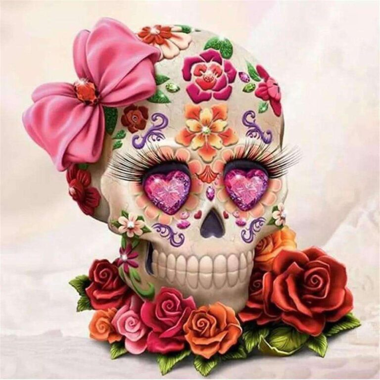 Diamond Painting Bloemen Schedel voorbeeldafbeelding van het volledige ontwerp