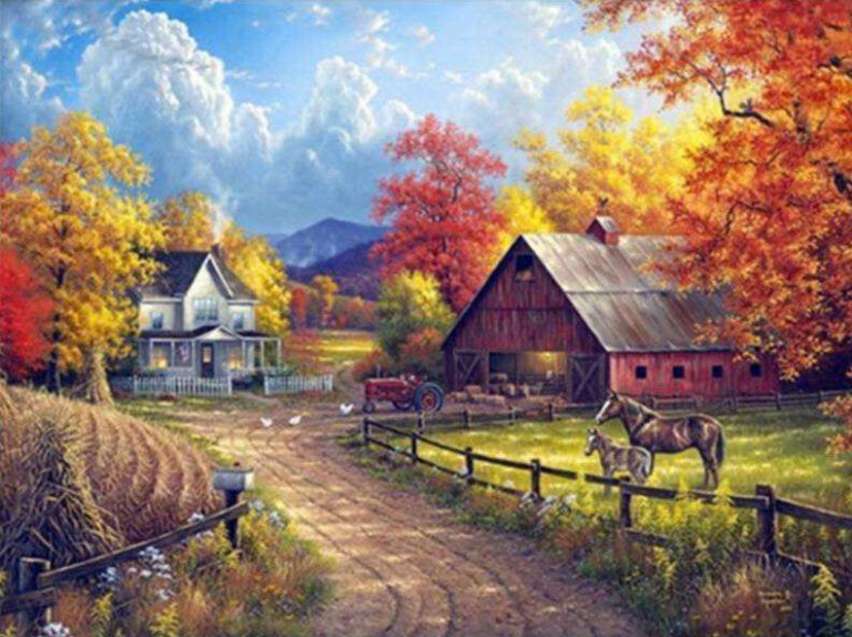 Diamond Painting Boerderij In De Herfst voorbeeldafbeelding van het volledige ontwerp