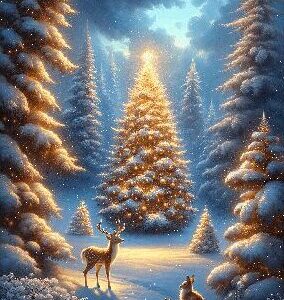Diamond Painting Boom Met Lichtjes In Het Bos voorbeeldafbeelding van het volledige ontwerp