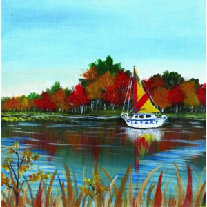Diamond Painting Boot Op Een Meer In De Herfst voorbeeldafbeelding van het volledige ontwerp