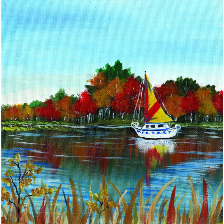 Diamond Painting Boot Op Een Meer In De Herfst voorbeeldafbeelding van het volledige ontwerp