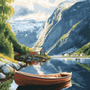 Diamond Painting Boot bij de Geirangerfjord in Noorwegen voorbeeldafbeelding van het volledige ontwerp