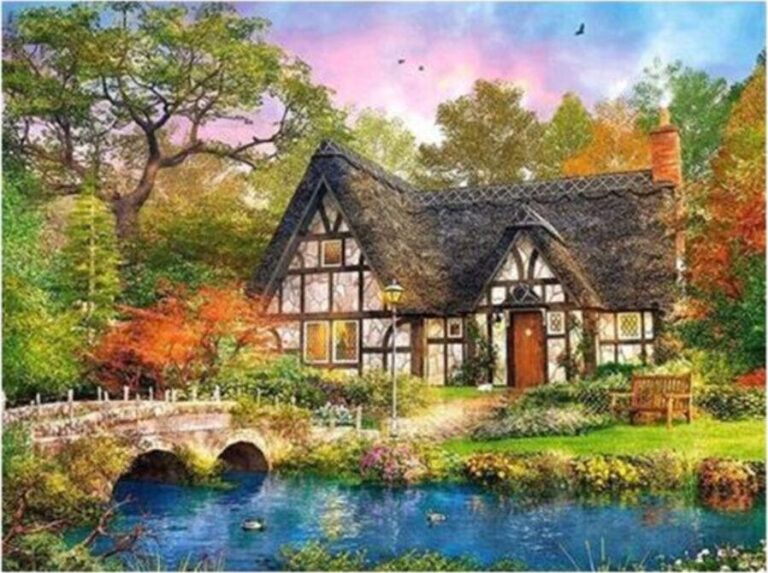 Diamond Painting Brug Naar Huisje voorbeeldafbeelding van het volledige ontwerp