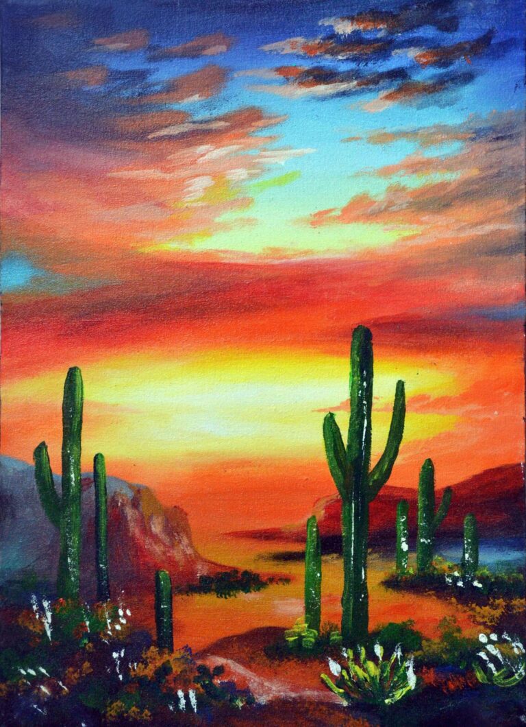 Diamond Painting Cactus In Zonsondergang voorbeeldafbeelding van het volledige ontwerp