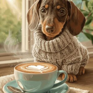 Diamond Painting Cappuccino-teckel voorbeeldafbeelding van het volledige ontwerp
