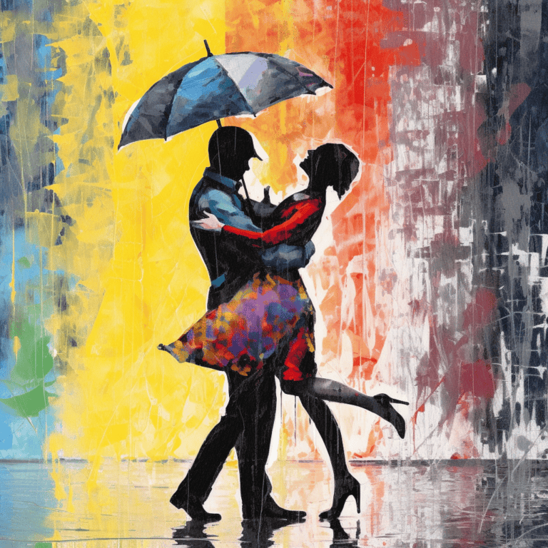 Diamond Painting Dansen in de Regen voorbeeldafbeelding van het volledige ontwerp