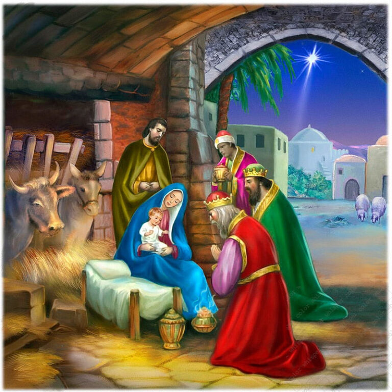 Diamond Painting De Geboorte Van Jesus voorbeeldafbeelding van het volledige ontwerp