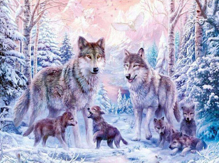 Diamond Painting De Wolven Familie voorbeeldafbeelding van het volledige ontwerp