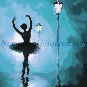 Diamond Painting Ballet meisje in actie in het donker naast lantaarns voorbeeldafbeelding van het volledige ontwerp