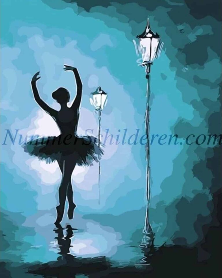 Diamond Painting Ballet meisje in actie in het donker naast lantaarns voorbeeldafbeelding van het volledige ontwerp