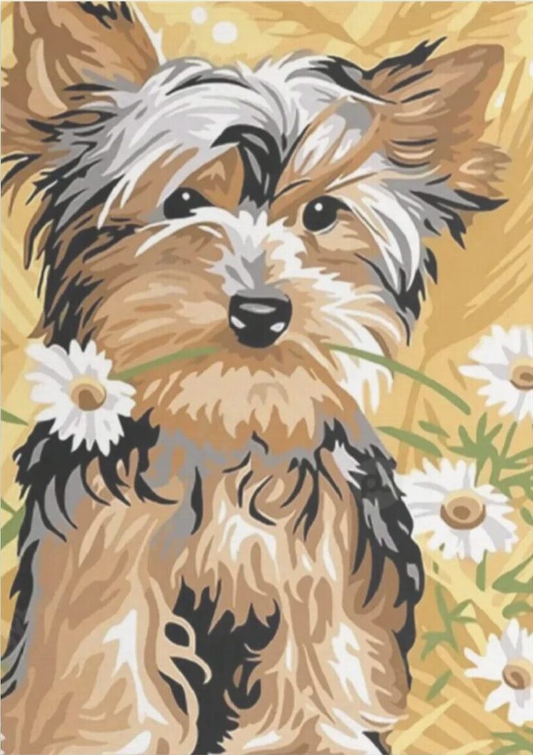 Diamond Painting Bloem Yorkie voorbeeldafbeelding van het volledige ontwerp