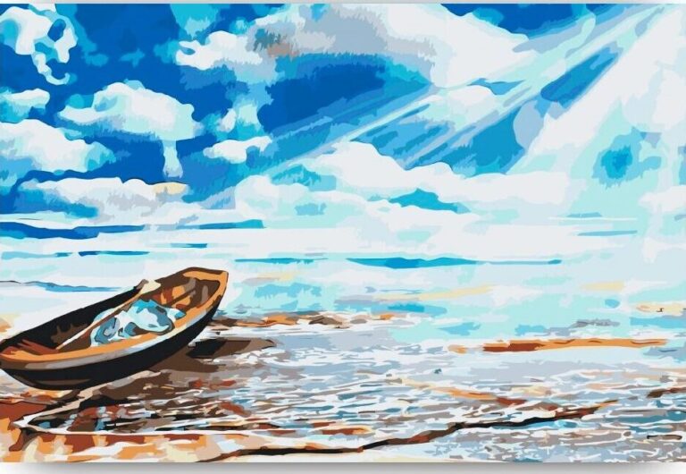 Diamond Painting Boot aan de rand van de zee voorbeeldafbeelding van het volledige ontwerp