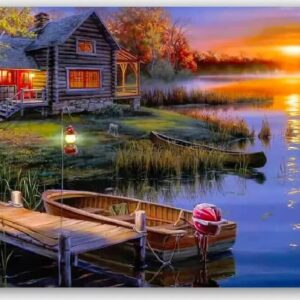 Diamond Painting Boot bij het Lake House voorbeeldafbeelding van het volledige ontwerp