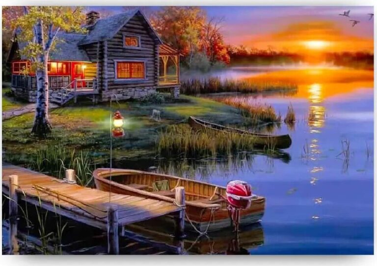 Diamond Painting Boot bij het Lake House voorbeeldafbeelding van het volledige ontwerp