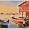 Diamond Painting Boten en houten hut voorbeeldafbeelding van het volledige ontwerp