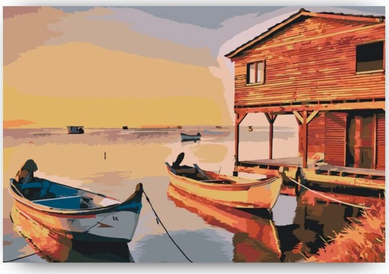 Diamond Painting Boten en houten hut voorbeeldafbeelding van het volledige ontwerp