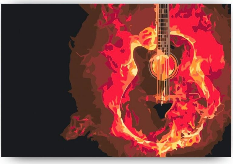 Diamond Painting Brandende gitaar voorbeeldafbeelding van het volledige ontwerp