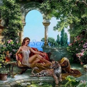 Diamond Painting Dame met tijger in de tuin voorbeeldafbeelding van het volledige ontwerp