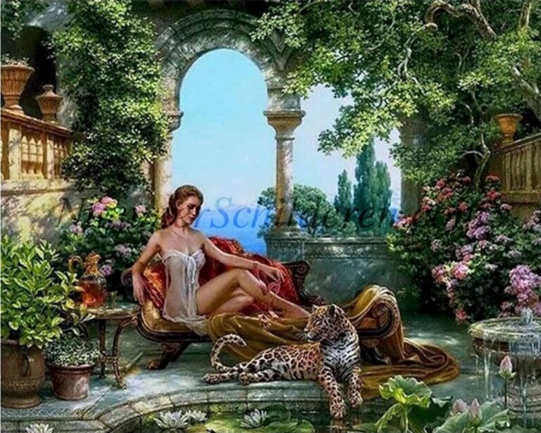 Diamond Painting Dame met tijger in de tuin voorbeeldafbeelding van het volledige ontwerp