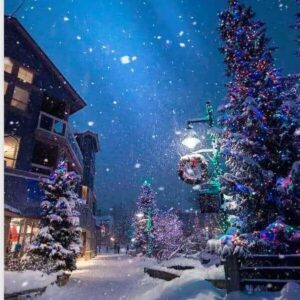 Diamond Painting Donker dorp met kerstboom voorbeeldafbeelding van het volledige ontwerp