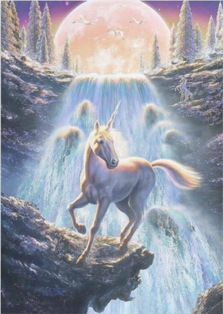Diamond Painting Eenhoorn met waterval voorbeeldafbeelding van het volledige ontwerp