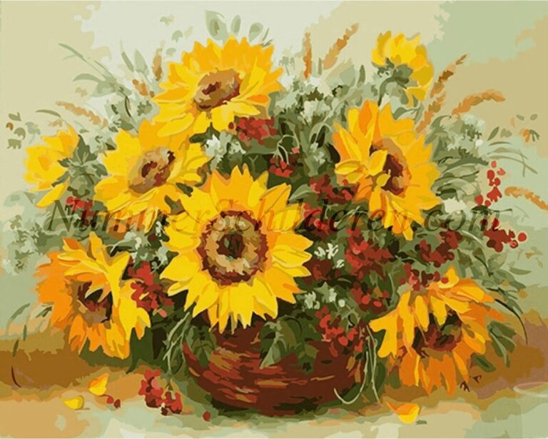 Diamond Painting Grote paardenbloemen in rode vaas voorbeeldafbeelding van het volledige ontwerp