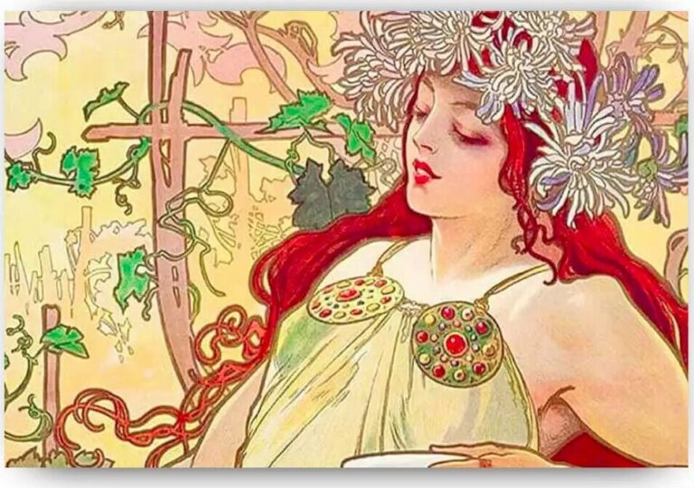Diamond Painting - Herfstvrouw in art-nouveaustijl voorbeeldafbeelding van het volledige ontwerp