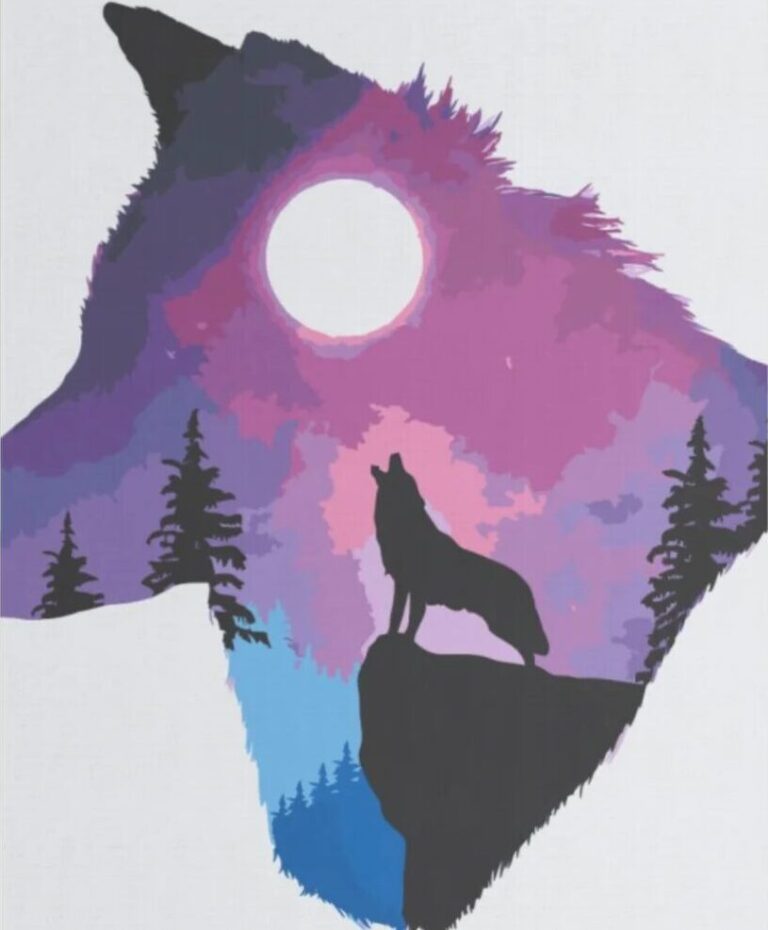 Diamond Painting Huilende Wolf voorbeeldafbeelding van het volledige ontwerp