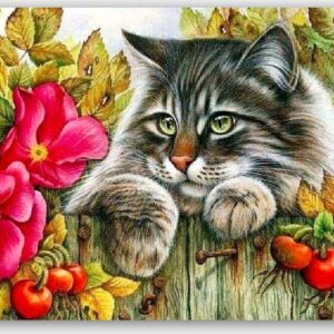 Diamond Painting Kat op de schutting voorbeeldafbeelding van het volledige ontwerp