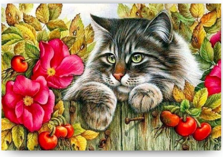 Diamond Painting Kat op de schutting voorbeeldafbeelding van het volledige ontwerp