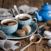 Diamond Painting Koffie met macarons en theedoek voorbeeldafbeelding van het volledige ontwerp