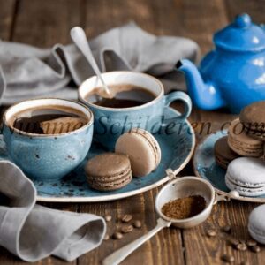 Diamond Painting Koffie met macarons en theedoek voorbeeldafbeelding van het volledige ontwerp