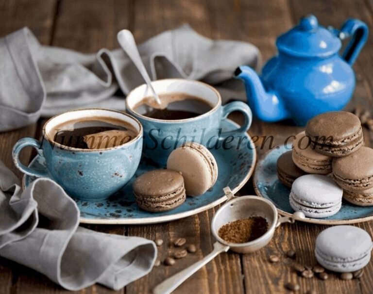 Diamond Painting Koffie met macarons en theedoek voorbeeldafbeelding van het volledige ontwerp