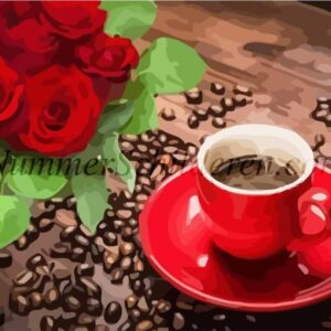 Diamond Painting Koffie, rozen en bonen voorbeeldafbeelding van het volledige ontwerp
