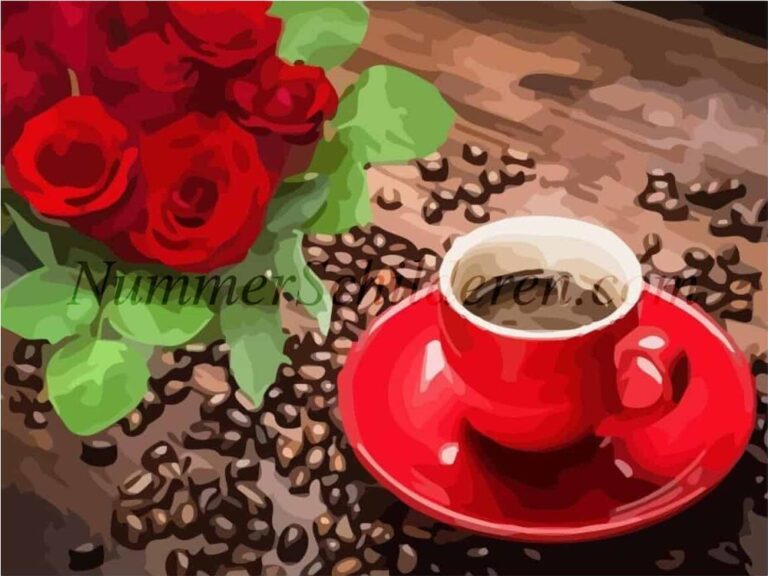 Diamond Painting Koffie, rozen en bonen voorbeeldafbeelding van het volledige ontwerp