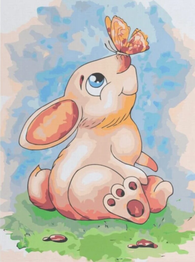 Diamond Painting Konijn met een vlinder op zijn neus voorbeeldafbeelding van het volledige ontwerp