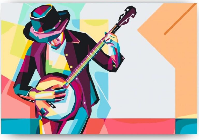 Diamond Painting Man speelt banjo voorbeeldafbeelding van het volledige ontwerp